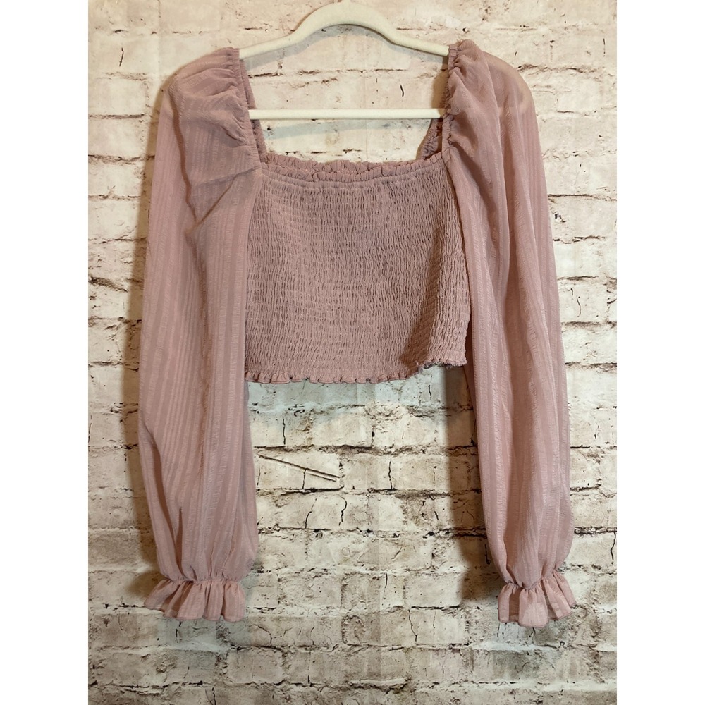Aakaa‎ Coquette Top Womens Medium Pink Smocked Ruffle Trim Cropped Romantic